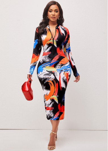 Rosewe Cocktail Party Dress Quarter Zip Long Sleeve Printed Bodycon Multi Color Dress - XL
