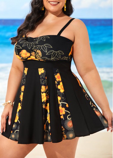 Rosewe Plus Size Black Floral Print Swimdress and Panty - 4XL