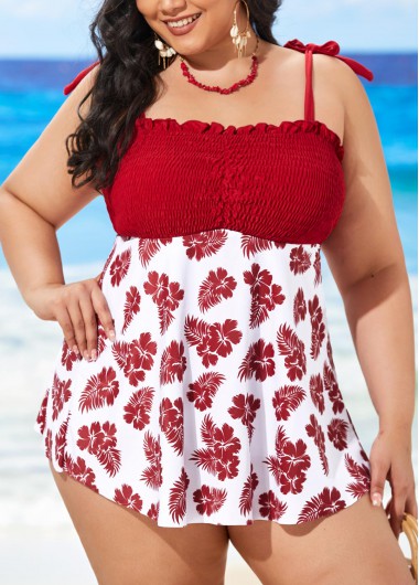 Rosewe Floral Print Smocked Plus Size Swimdress and Panty - 3XL