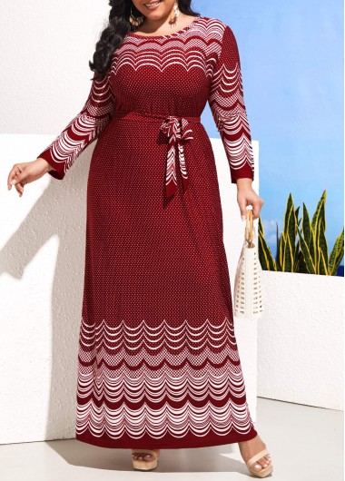 Rosewe Polka Dot Wave Print Wine Red Plus Size Dress - 6XL