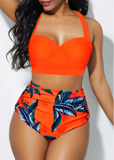 Rosewe Orange High Waisted Tropical Print Bikini Set - XL