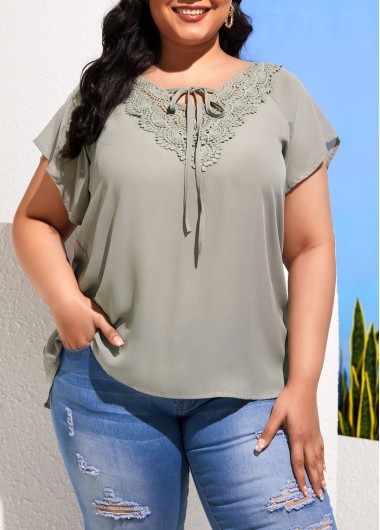 Rosewe Plus Size Lace Stitching Sage Green T Shirt - 3XL