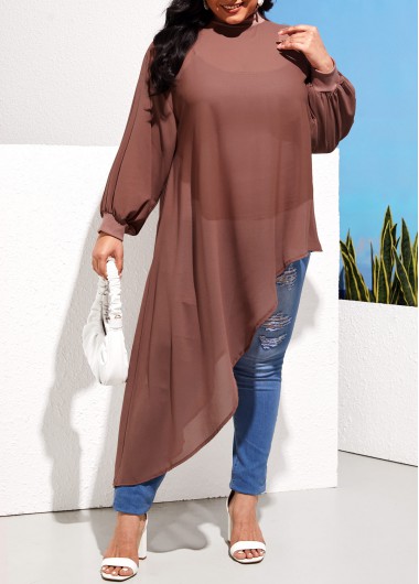 Rosewe Light Khaki Asymmetric Hem Plus Size T Shirt - 2XL