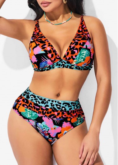 Rosewe Colorful Leopard Mid Waist Floral Print Bikini Set - M