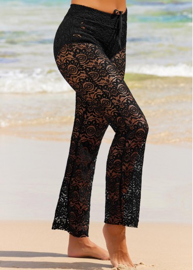 Rosewe Lace Panel Drawstring Waist Black Beach Pants - M