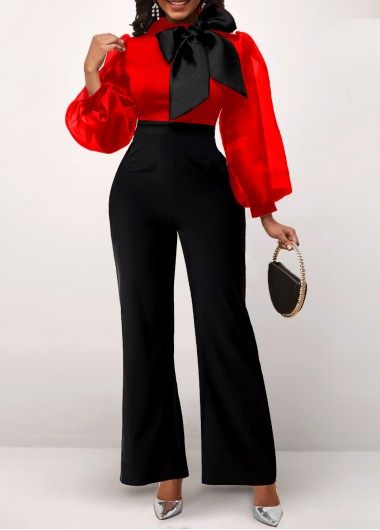 Rosewe Valentine Mesh Stitching Bowknot Color Block Jumpsuit - XL