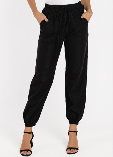 Rosewe High Waisted Pocket Tie Front Black Pants - 3XL