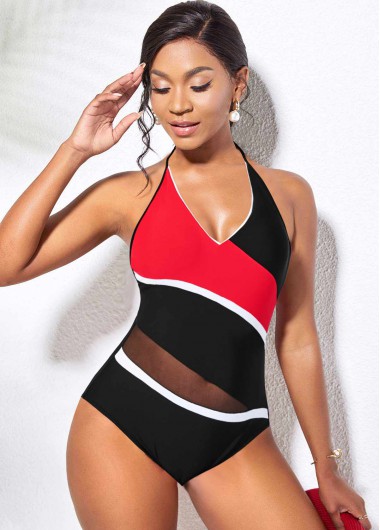 Rosewe Mesh Stitching Contrast Black One Piece Swimwear - M