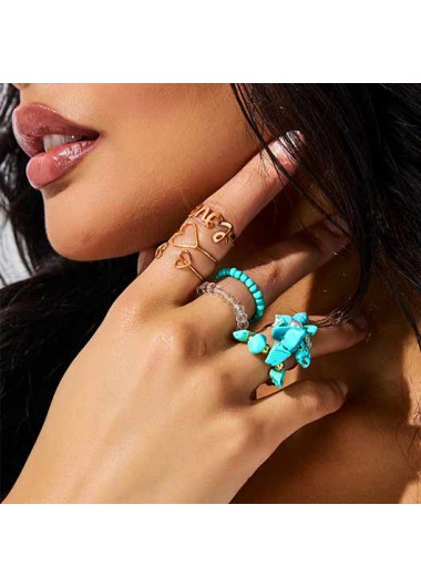 Rosewe Stylish Bohemia Design Metal Detail Turquoise Ring Set - One Size