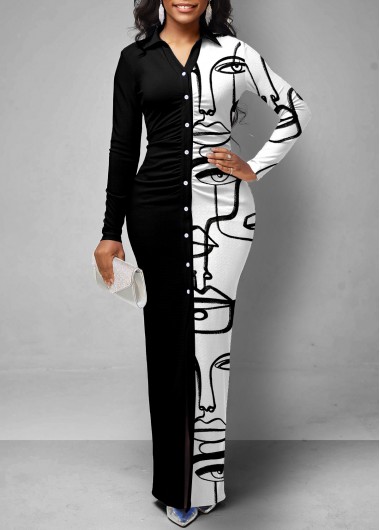 Rosewe Cocktail Party Dress Character Print Button Up Color Block Dress - S