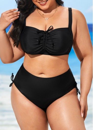 Rosewe Plus Size Drawstring Detail Black Bikini Set - L