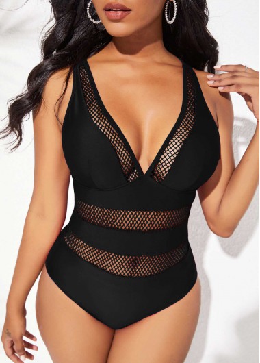 Rosewe V Neck Pierced Black Cross Strap One Piece Swimwear - M