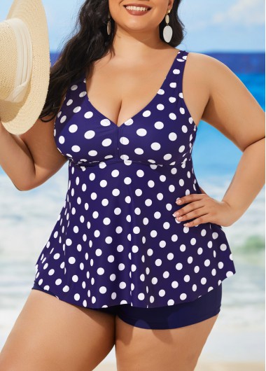 Rosewe Polka Dot Plus Size Purple Tankini Set - 3XL
