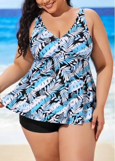 Rosewe Plus Size Tropical Print Light Blue Tankini Set - 3XL