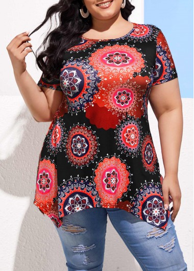Rosewe Plus Size Tribal Print Multi Color T Shirt - XL