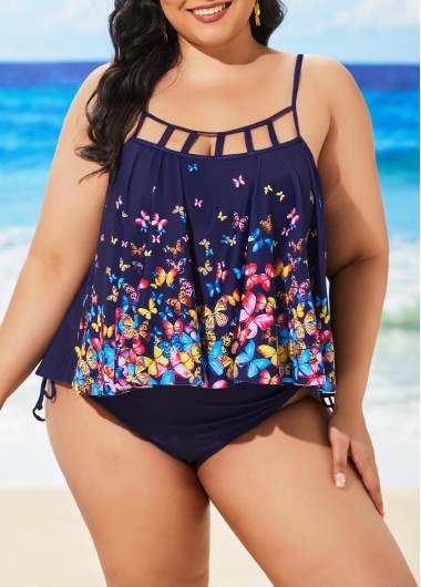 Rosewe Navy Blue Plus Size Spaghetti Strap Tankini Set - 3XL