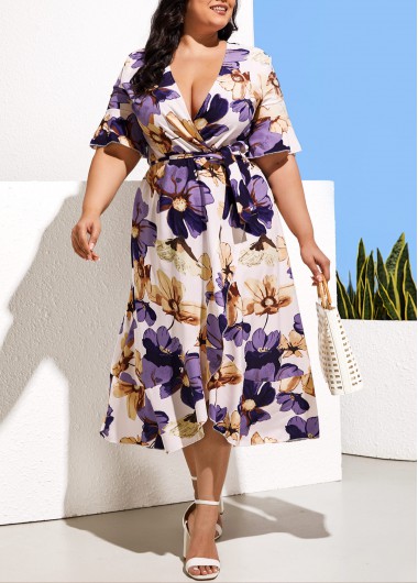Rosewe Multi Color Floral Print V Neck Plus Size Dress - XL