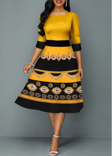 Rosewe Wedding Guest Dress Tribal Print Yellow 3/4 Sleeve Round Neck Dress - M