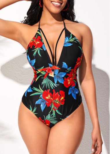 Rosewe High Stretchy Floral Print Black One Piece Swimwear - L