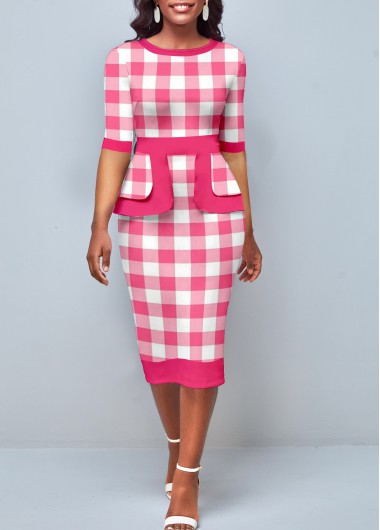 Rosewe Cocktail Party Dress Pink Plaid Round Neck Bodycon Dress - L