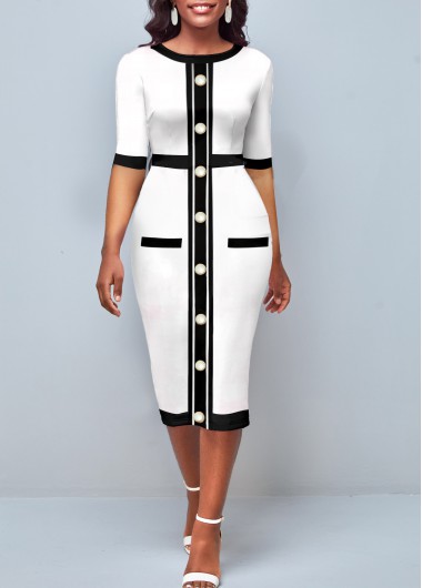 Rosewe Wedding Guest Dress Contrast Stitch Half Sleeve White Dress - M