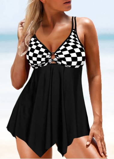 Rosewe Checkered Print Asymmetric Hem Black Swimdress Top - XL