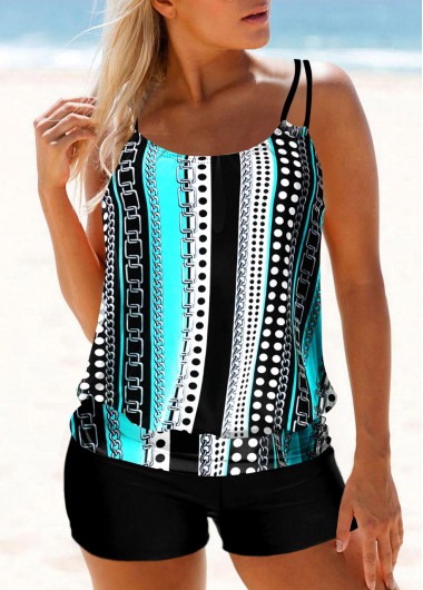 Rosewe Polka Dot Double Straps Striped Cyan Tankini Top - XL