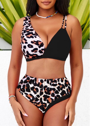 Rosewe Black High Waisted Leopard Asymmetric Design Bikini Set - L