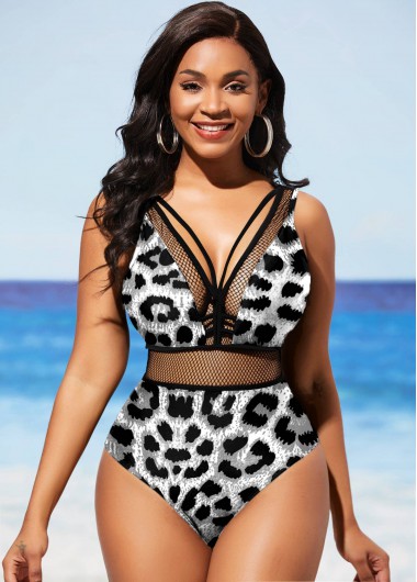 Rosewe Leopard Black Fishnet Panel One Piece Swimwear - S