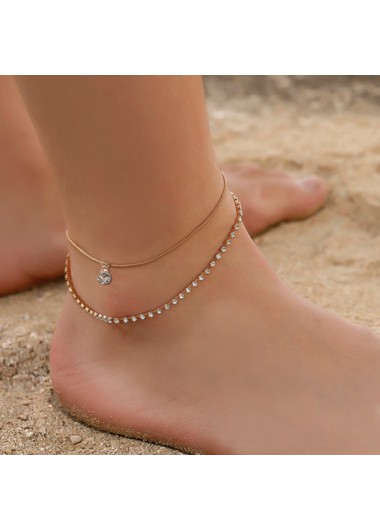 Rosewe Chic Rhinestone Design Layered Detail Gold Anklet - One Size