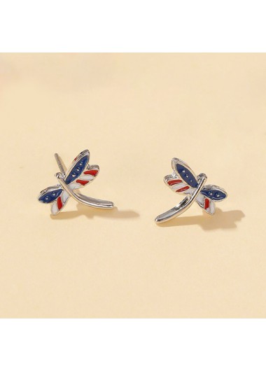 Rosewe Chic Metal American Flag Print Dragonfly Design Earrings - One Size