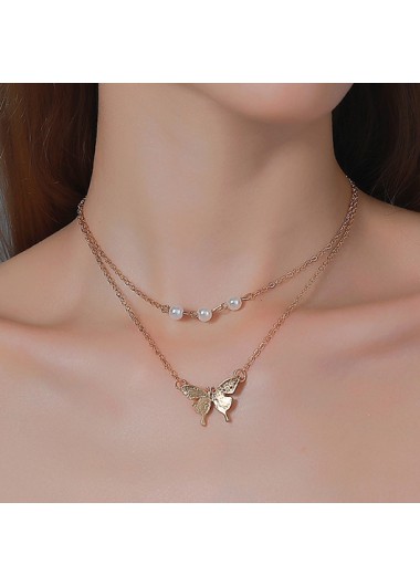 Rosewe Fashion Butterfly Design Pearl Layered Gold Necklace - One Size