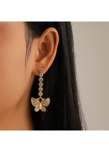 Rosewe Chic Rhinestone Butterfly Design Gold Metal Detail Earrings - One Size