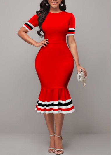 Rosewe Red Dresses Red Stripe Print Short Sleeve Dress - M