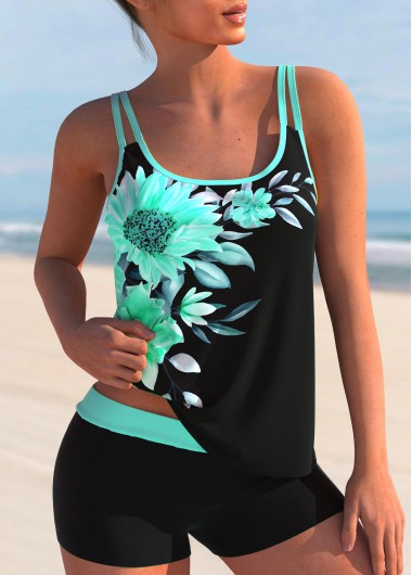 Cyan Sunflower Print Double Straps Tankini Set