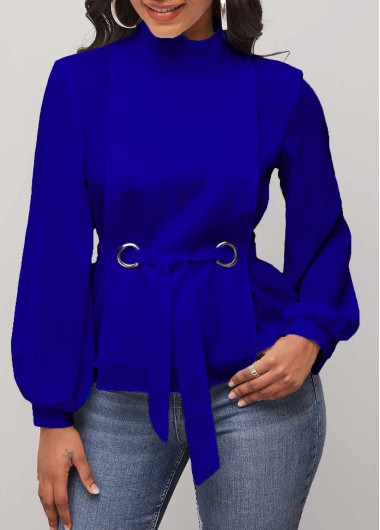 Rosewe Royal Blue Mock Neck Long Sleeve Belted Blouse - 2XL