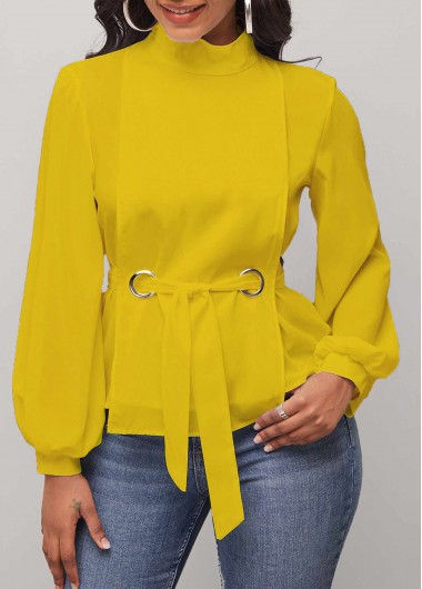 Rosewe Yellow Mock Neck Long Sleeve Belted Blouse - XL