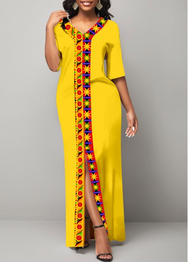 Rosewe Cocktail Party Dress Tribal Print Front Slit Yellow Maxi Dress - L