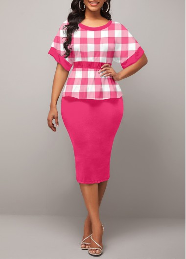 Rosewe Cocktail Party Dress Round Neck Peplum Waist Rose Pink Plaid Dress - L