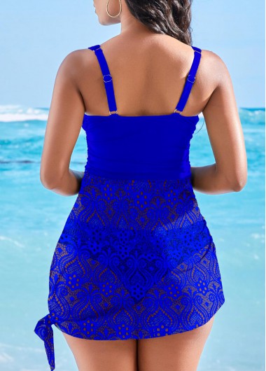 Rosewe Tie Side Royal Blue Lace Stitching Swimdress Top - L