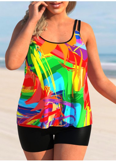 Rosewe Graffiti Print Plus Size Double Straps Tankini Top - 1X