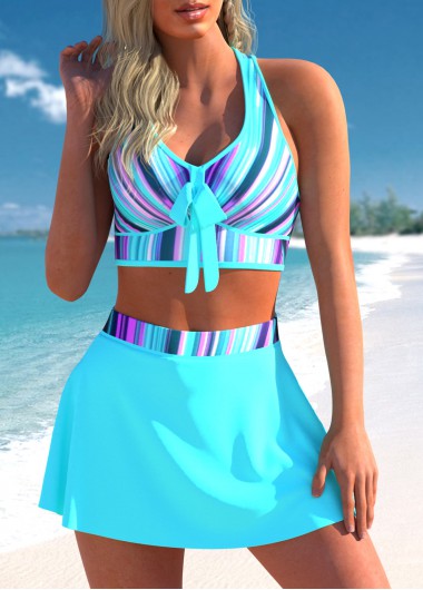 Rosewe Cyan High Waist Striped Cross Strap Bikini Set - XXL