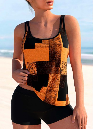 Rosewe Orange Geometric Print Double Straps Tankini Top - S