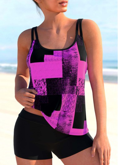 Rosewe Geometric Print Double Straps Purple Tankini Top - S