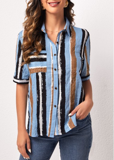 Rosewe Striped Button Up Light Blue Turndown Collar Blouse - 2XL