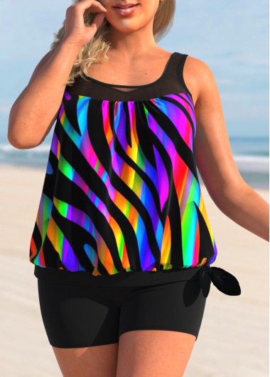 Rosewe Black Colorful Print Plus Size Tankini Top - 3X