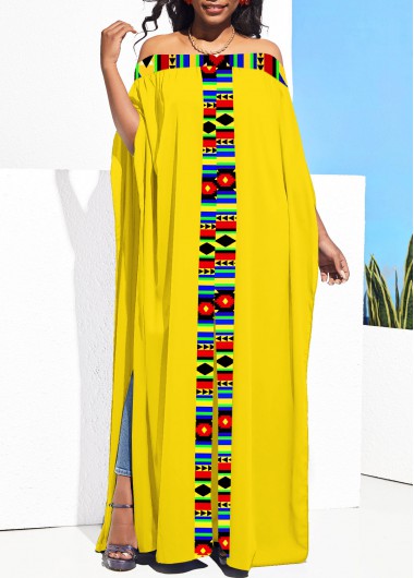 Rosewe Yellow Tribal Print Off Shoulder Blouse - XL