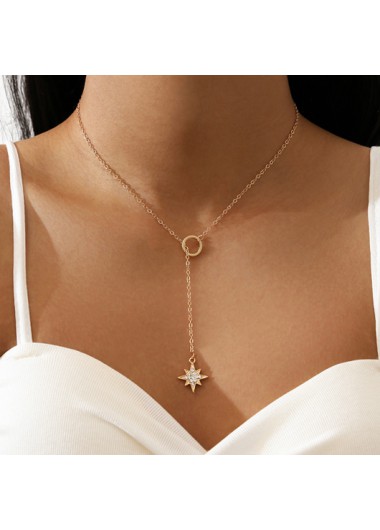 Rosewe Fashion Rhinestone Star Pendant Gold Metal Necklace - One Size