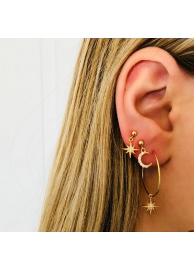 Rosewe Chic Star and Moon Pendant Gold Rhinestone Earring Set - One Size