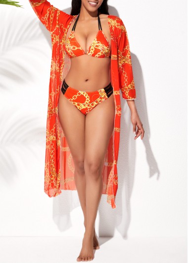 Rosewe Chain Print Orange Tie Back Three Piece Bikini Set - XL